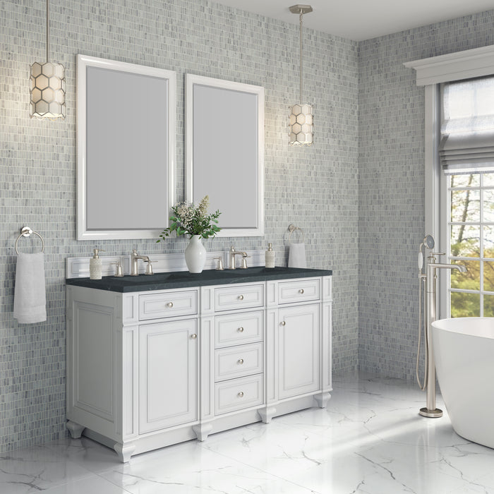Bristol 60" Double Vanity, Whitewashed Walnut w/ 3 CM Victorian Silver Silestone Top w/FreePower Wireless Charger