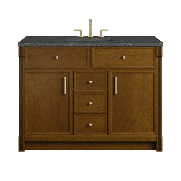 Bellshire 48" Single Vanity, Honey Oak w/ Single Hole 3 CM White Zeus Silestone Top and Matching Backsplash