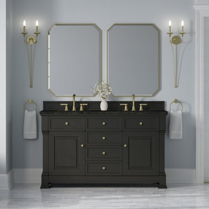 Brookfield 60" Double Vanity, Pecan w/ 3 CM Parisien Bleu Silestone Top w/FreePower Wireless Charger