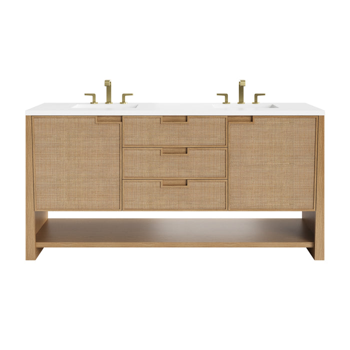 Solene 72" Double Vanity, Seaside Oak, w/ Single Hole 3 CM White Zeus Quartz Top & Backsplash