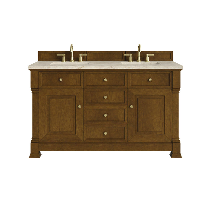 Brookfield 60" Double Vanity, Honey Oak w/ 3 CM Eternal Jasmine Pearl Silestone Top