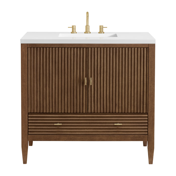 Myrrin 36" Vanity, Mid Century Walnut w/ 3 CM White Zeus Silestone Top