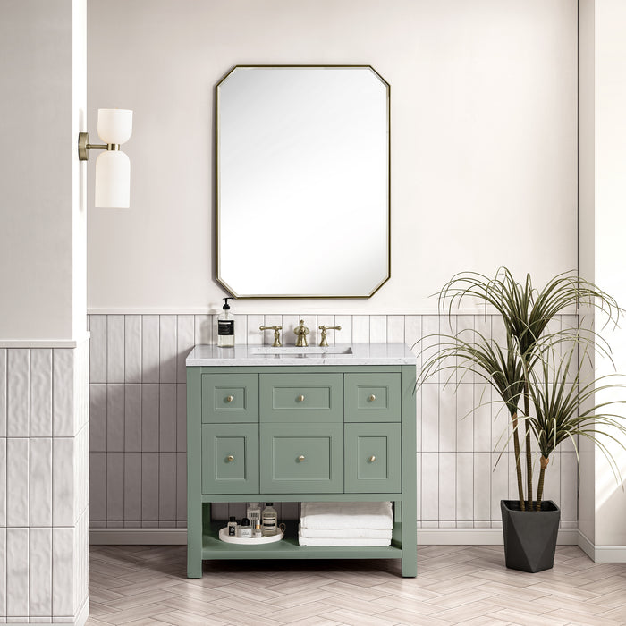 James Martin Breckenridge 36" Single Bathroom Vanity in Smokey Celadon, shown in a bathroom setting
