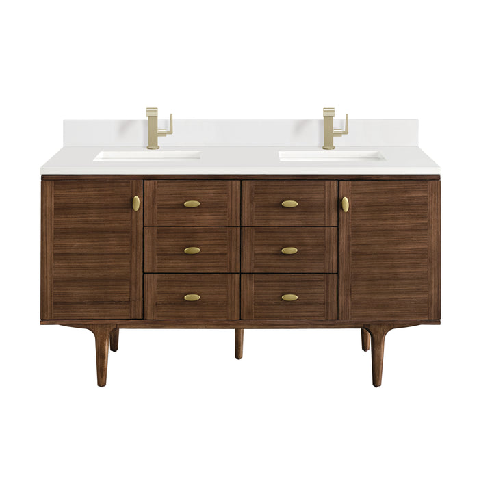 Amberly 60" Double Vanity, Mid-Century Walnut, w/ 3 CM Siberian Silestone Top w/FreePower Wireless Charger