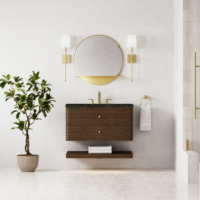 James Martin Allamari 36" Single Bathroom Vanity in Sable, shown in a bathroom setting