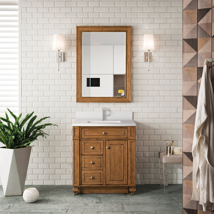 James Martin Bristol 30" Single Bathroom Vanity in Saddle Brown, shown in a bathroom setting