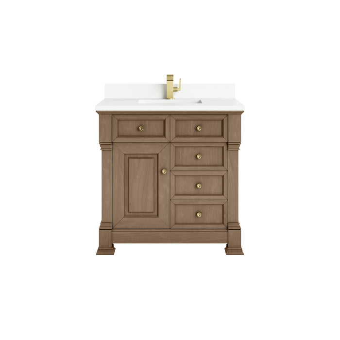 Brookfield 36" Single Vanity, Pecan w/ Single Hole 3CM White Zeus Silestone Top & Backsplash