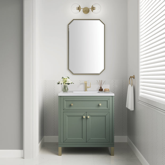 James Martin Chicago 30" Single Bathroom Vanity in Smokey Celadon, shown in a bathroom setting