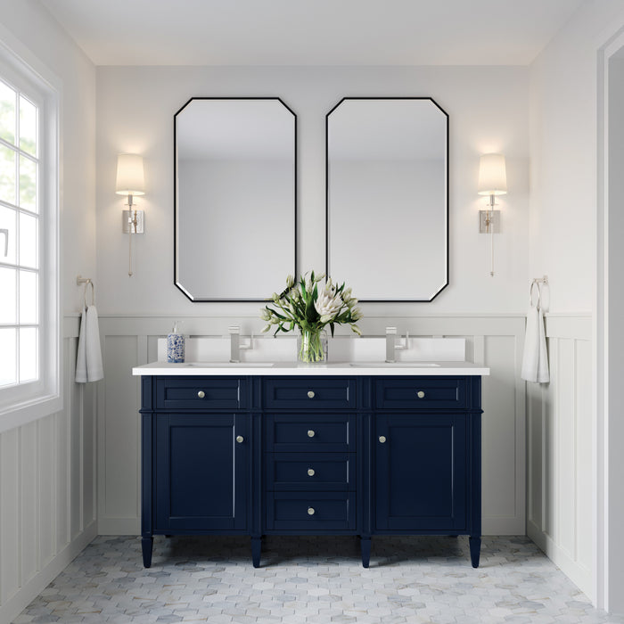 James Martin Brittany 60" Double Bathroom Vanity in Victory Blue, shown in a bathroom setting