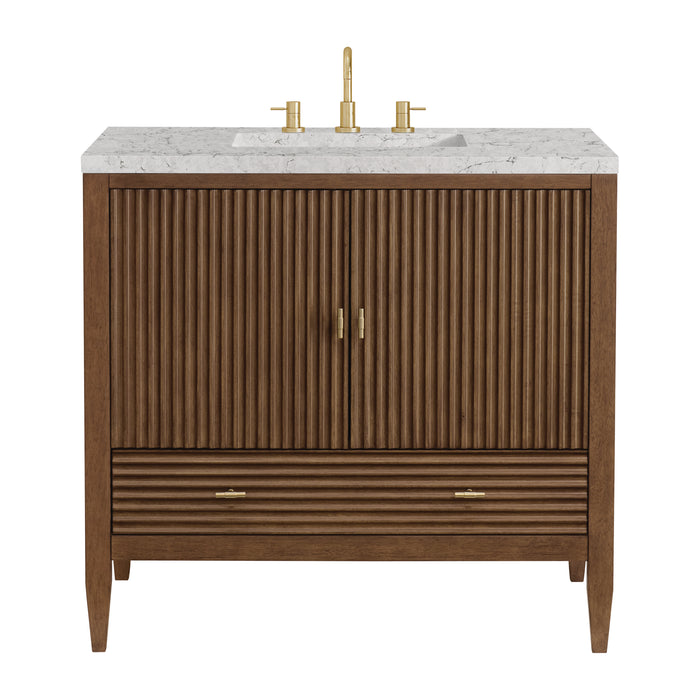 Myrrin 36" Vanity, Mid Century Walnut w/ 3 CM Eternal Jasmine Pearl Silestone Top