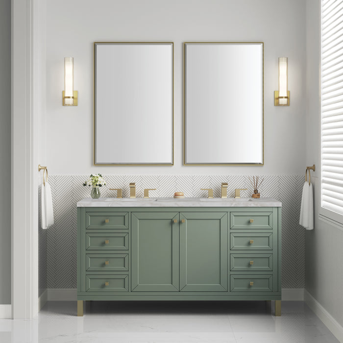 James Martin Chicago 60" Double Bathroom Vanity in Smokey Celadon, shown in a bathroom setting