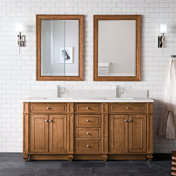 James Martin Bristol 72" Double Bathroom Vanity in Saddle Brown, shown in a bathroom setting