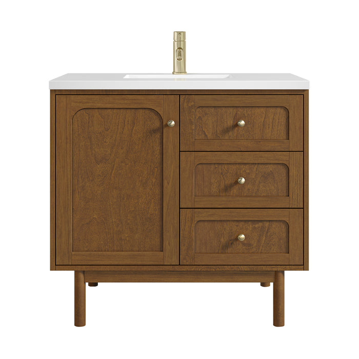 Laurent 36" Single Vanity, Honey Oak w/ Single Hole 3 CM White Zeus Silestone Top and Matching Backsplash