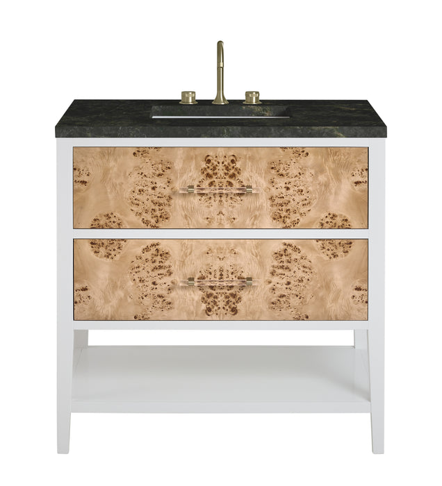 Olena 36" Single Vanity, Light Mappa Burl and Polished White, w/ 3 CM Phantome Eclos Top