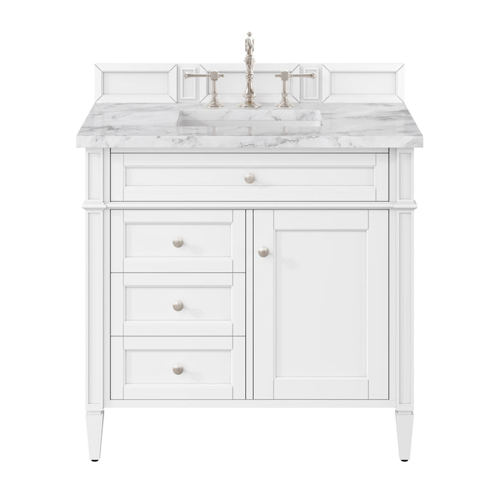 Brittany 36" Single Vanity, Bright White w/ 3 CM Carrara Marble Top