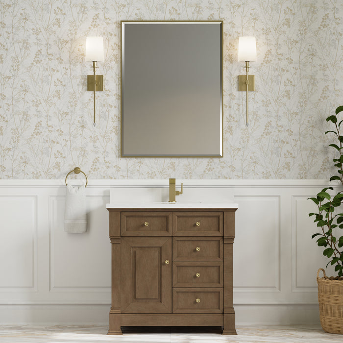 James Martin Brookfield 36" Single Bathroom Vanity in Pecan, shown in a bathroom setting