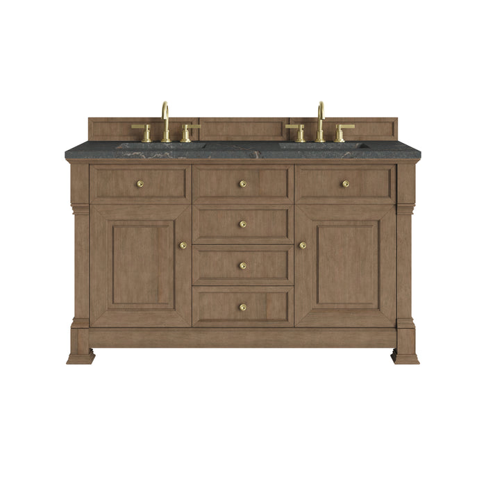 Brookfield 60" Double Vanity, Honey Oak w/ 3 CM Ethereal Noctis Silestone Top w/FreePower Wireless Charger