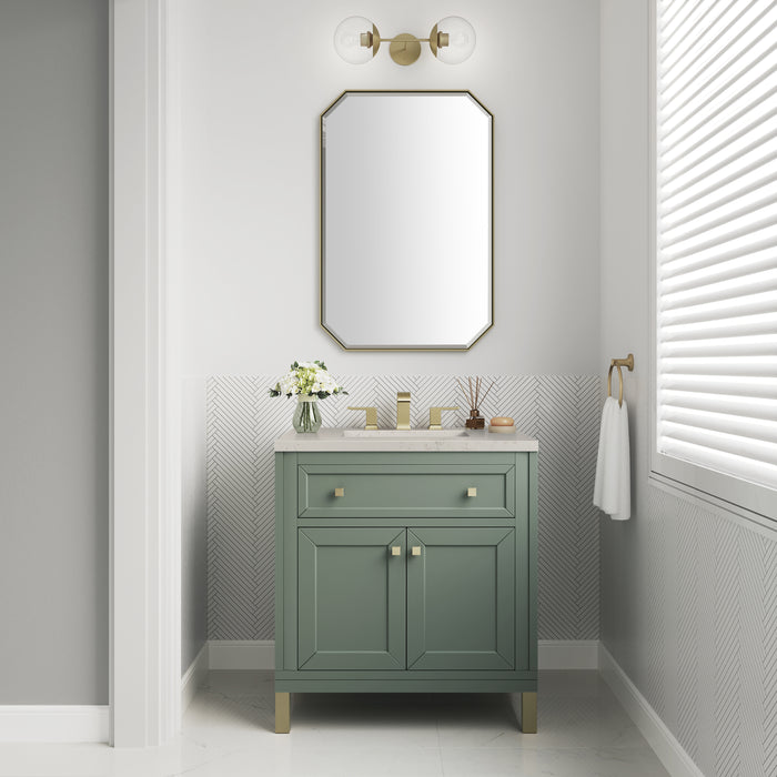 James Martin Chicago 30" Single Bathroom Vanity in Smokey Celadon, shown in a bathroom setting