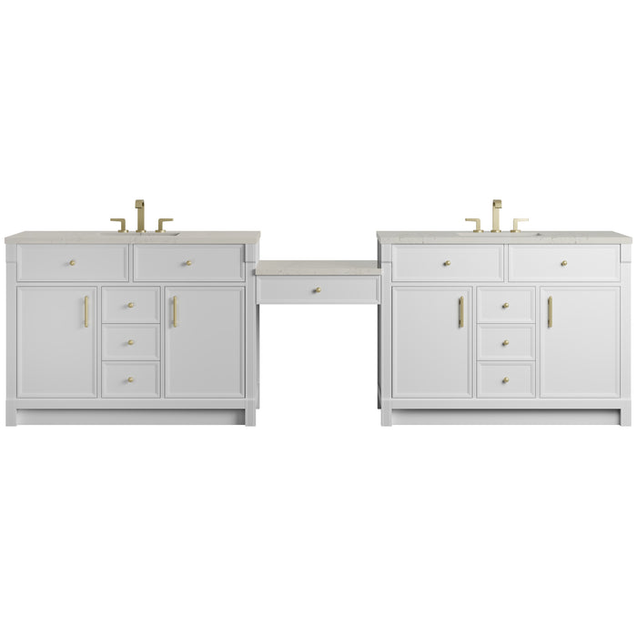 Bellshire 120" Dual Vanity Set with 24" Make-Up Counter, Bright White w/3 cm Siberian Silestone Top