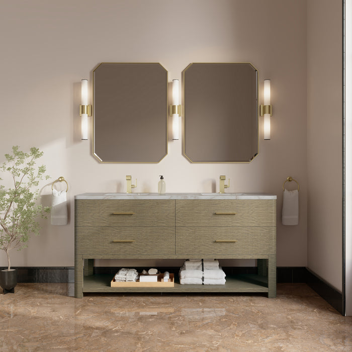 James Martin Lucian 72" Double Bathroom Vanity in Pebble Oak, shown in a bathroom setting
