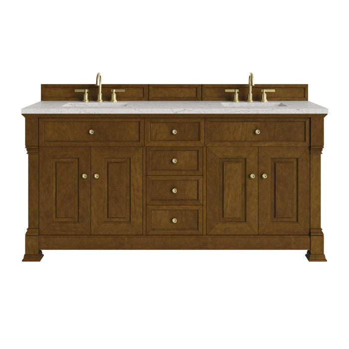 Brookfield 72" Double Vanity, Honey Oak w/3 CM Carrara White Marble Top