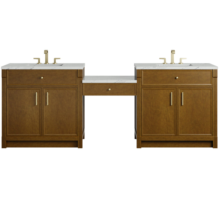 Bellshire 96" Dual Vanity Set with 24" Make-Up Counter, Honey Oak w/3 cm Ethereal Noctis Silestone Top