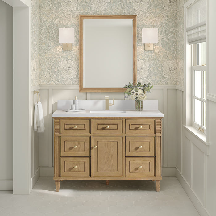James Martin Lorelai 48" Single Bathroom Vanity in Light Natural Oak, shown in a bathroom setting