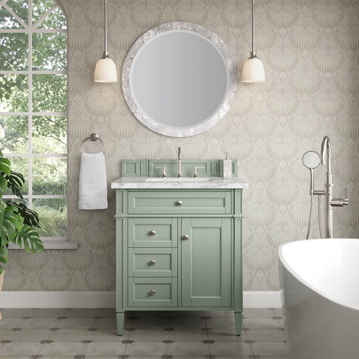James Martin Brittany 30" Single Bathroom Vanity in Sage Green, shown in a bathroom setting
