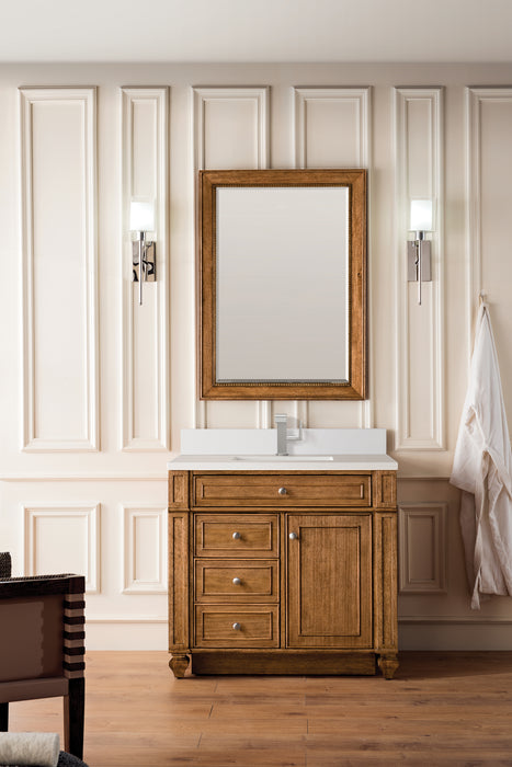 James Martin Bristol 36" Single Bathroom Vanity in Saddle Brown, shown in a bathroom setting