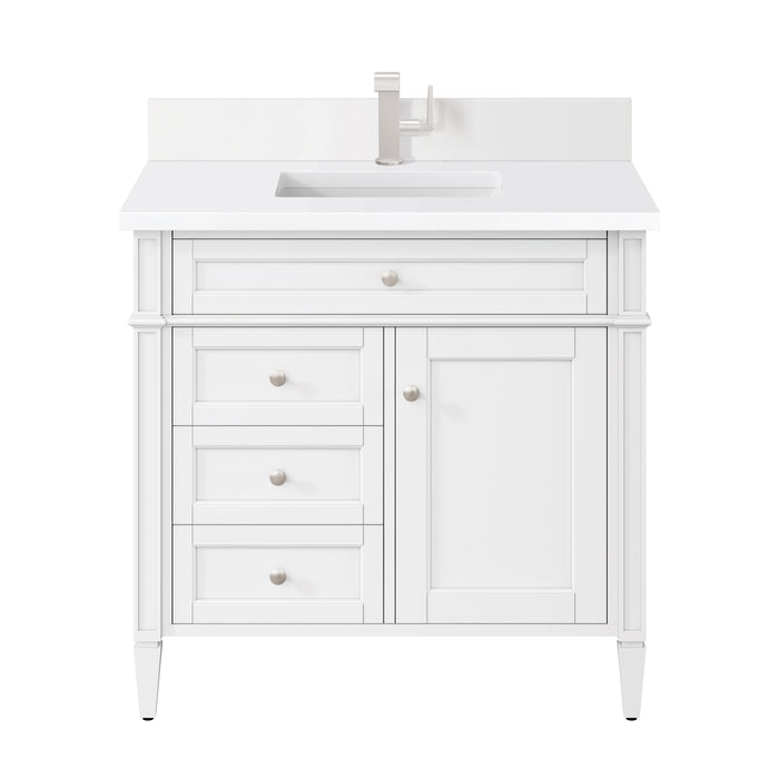 Brittany 36" Single Vanity, Bright White w/ Single Hole 3 CM White Zeus Silestone Top & Backsplash