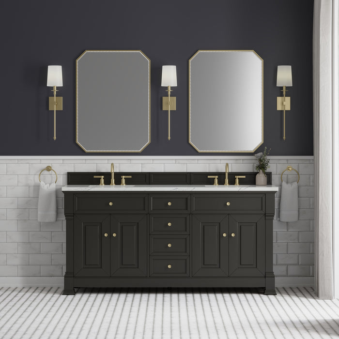 Brookfield 72" Double Vanity, Pecan w/ 3 CM Ethereal Noctis Silestone Top w/ FreePower Wireless Charger