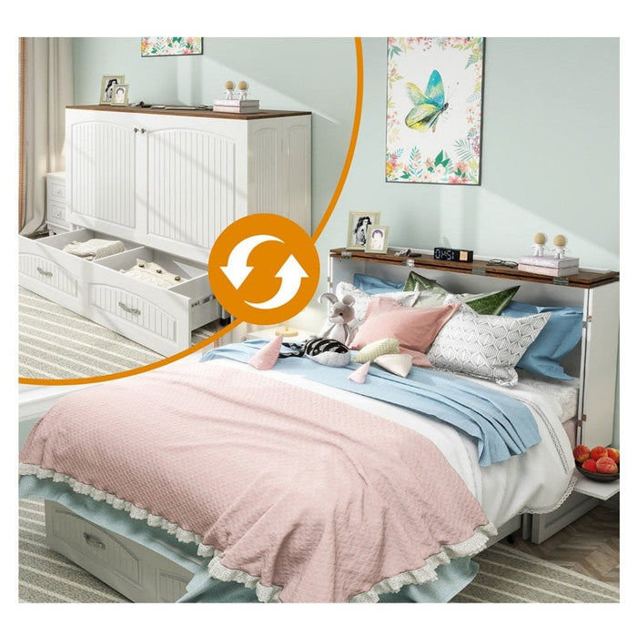 Livelylodge Murphy Bed Cabinet,Murphy Bed Queen with USB, Murphy Bed Cabinet with Drawer,Cabinet Bed for Guest Room, White