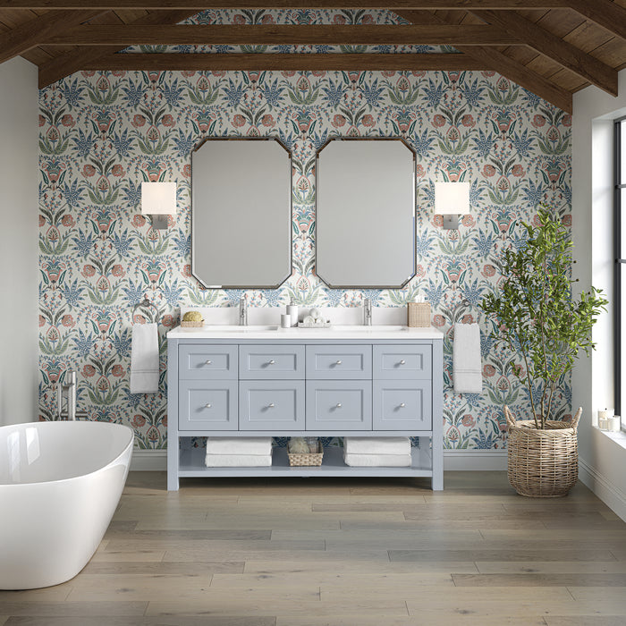 James Martin Breckenridge 60" Double Bathroom Vanity in Serenity Blue, shown in a bathroom setting