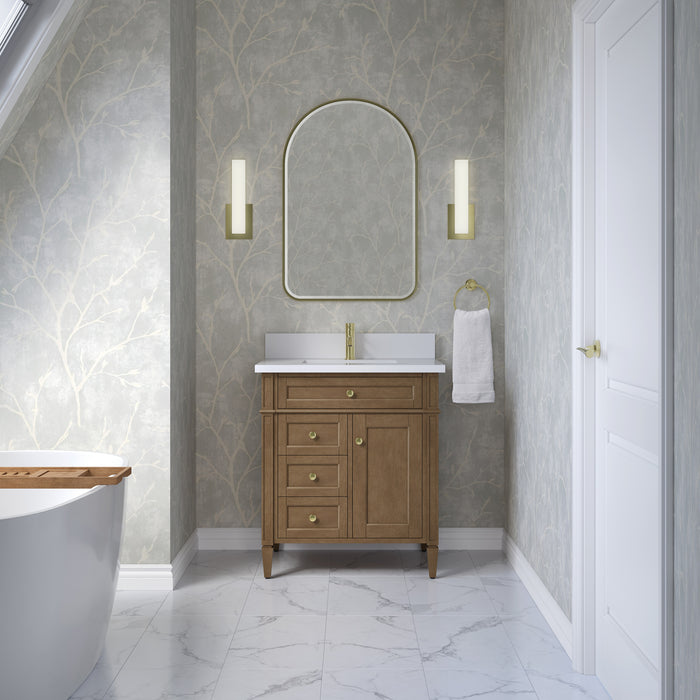 James Martin Brittany 30" Single Bathroom Vanity in Pecan, shown in a bathroom setting
