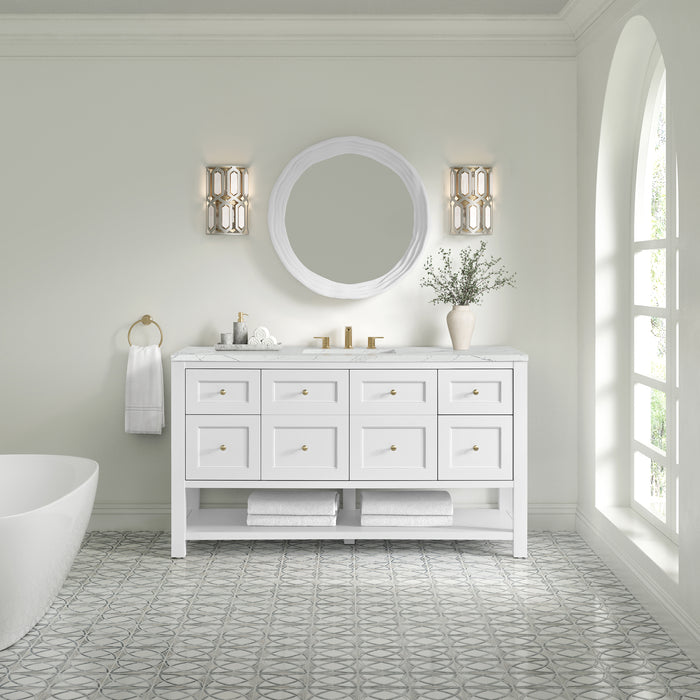 Breckenridge 60" Single Vanity, Whitewashed Oak, w/ Single Hole 3 CM White Zeus Quartz Top & Backsplash