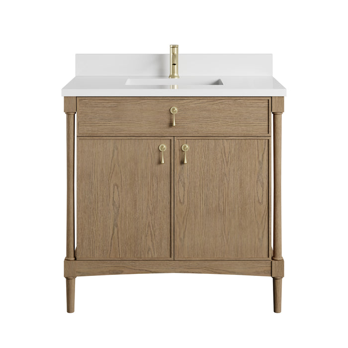 Kinnsden 36" Single Vanity, Weathered Oak w/ Single Hole 3 CM White Zeus Silestone Top and Matching Backsplash