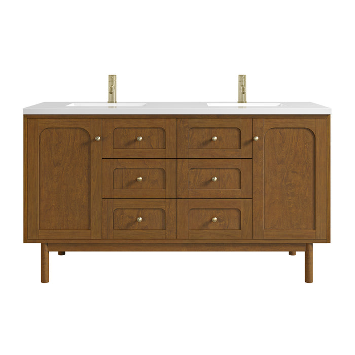 Laurent 60" Double Vanity, Honey Oak w/ Single Hole 3 CM White Zeus Silestone Top and Matching Backsplash