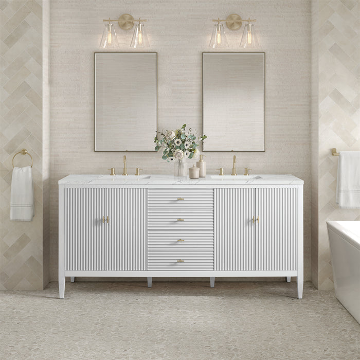 Myrrin 72" Double Vanity, Mid Century Walnut w/ 3 CM Eternal Jasmine Pearl Silestone Top w/FreePower Wireless Charger