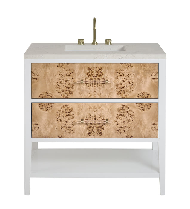Olena 36" Single Vanity, Light Mappa Burl and Polished White, w/ 3 CM Siberian Silestone Top