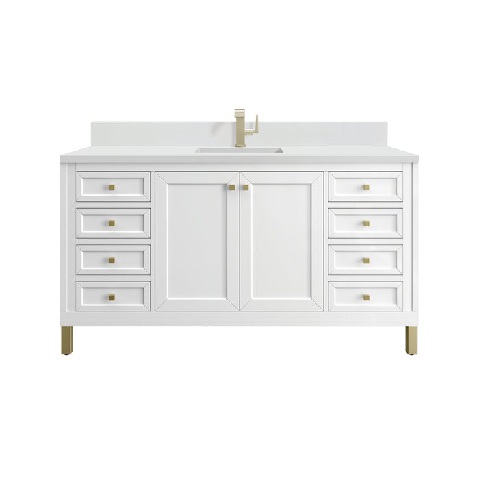 Chicago 60" Single Vanity, Glossy White, w/ Single Hole 3CM White Zeus Silestone® Top & Backsplash