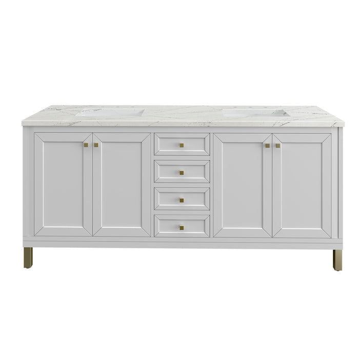 Chicago 72" Double Vanity, Glossy White, w/ 3 CM Ethereal Noctis Silestone® Top