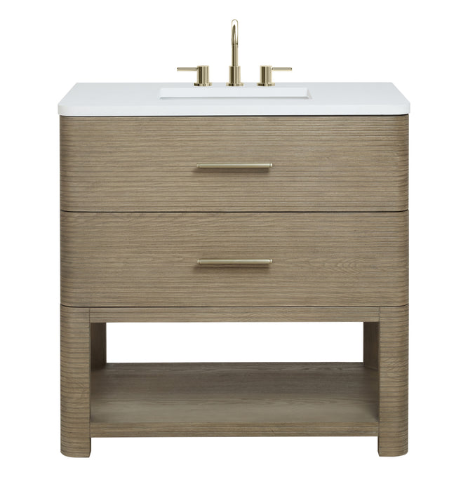 Lucian 36" Single Vanity, Pebble Oak w/ 3 CM White Zeus Silestone Widespread Top