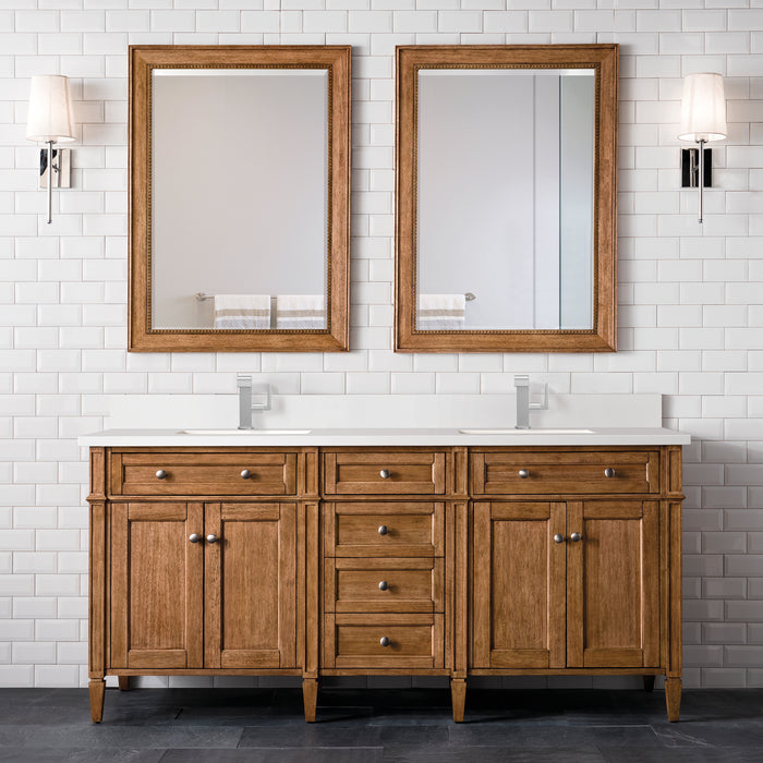 James Martin Brittany 72" Double Bathroom Vanity in Saddle Brown, shown in a bathroom setting