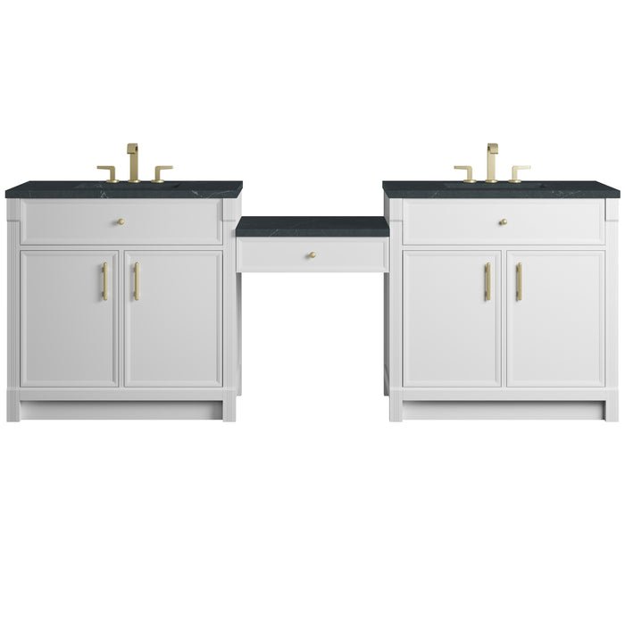 Bellshire 96" Dual Vanity Set with 24" Make-Up Counter, Bright White w/3 cm Charcoal Soapstone Silestone Top