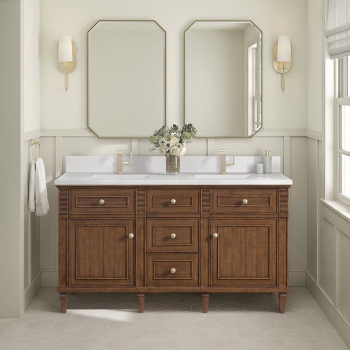 James Martin Lorelai 60" Double Bathroom Vanity in Mid-Century Walnut, shown in a bathroom setting