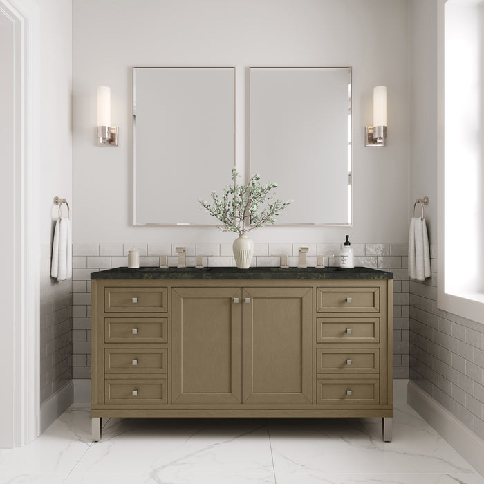 James Martin Chicago 60" Double Bathroom Vanity in Walnut Whisper, shown in a bathroom setting