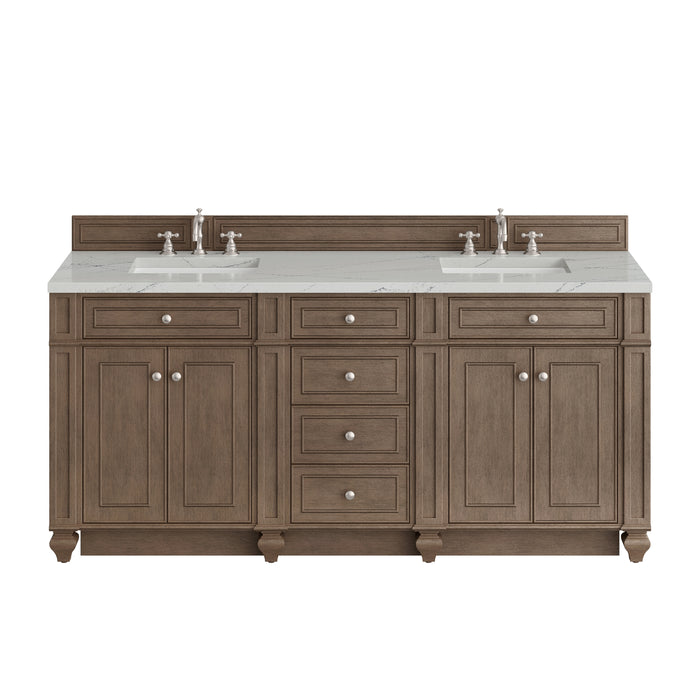 Bristol 72" Double Vanity, Whitewashed Walnut w/ Single Hole 3 CM White Zeus Silestone Top & Backsplash