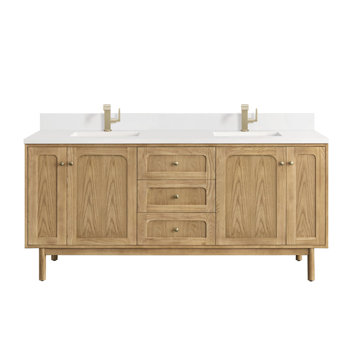 Laurent 72" Double Vanity, Honey Oak w/ 3 CM Eternal Jasmine Pearl Silestone Top w/FreePower Wireless Charger