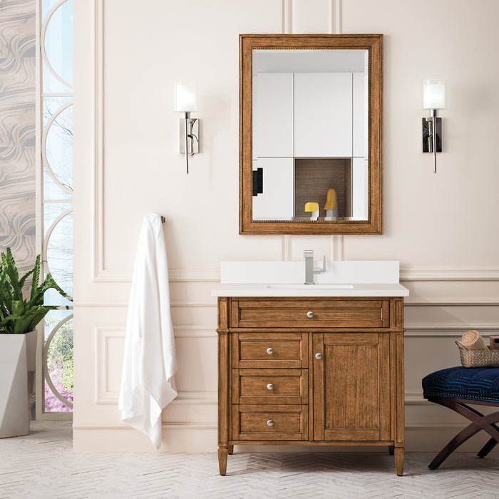 James Martin Brittany 36" Single Bathroom Vanity in Saddle Brown, shown in a bathroom setting