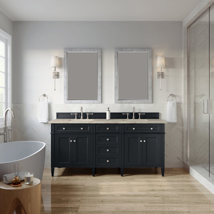 Brittany 72" Double Vanity, Pecan w/ 3 CM Parisien Bleu Silestone Top w/FreePower Wireless Charger